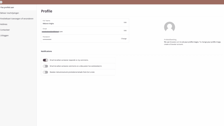 Cursist inloggen screenshot profiel pagina