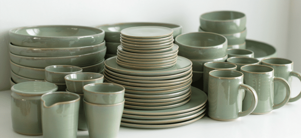 Servies maken: groen servies opgestapeld