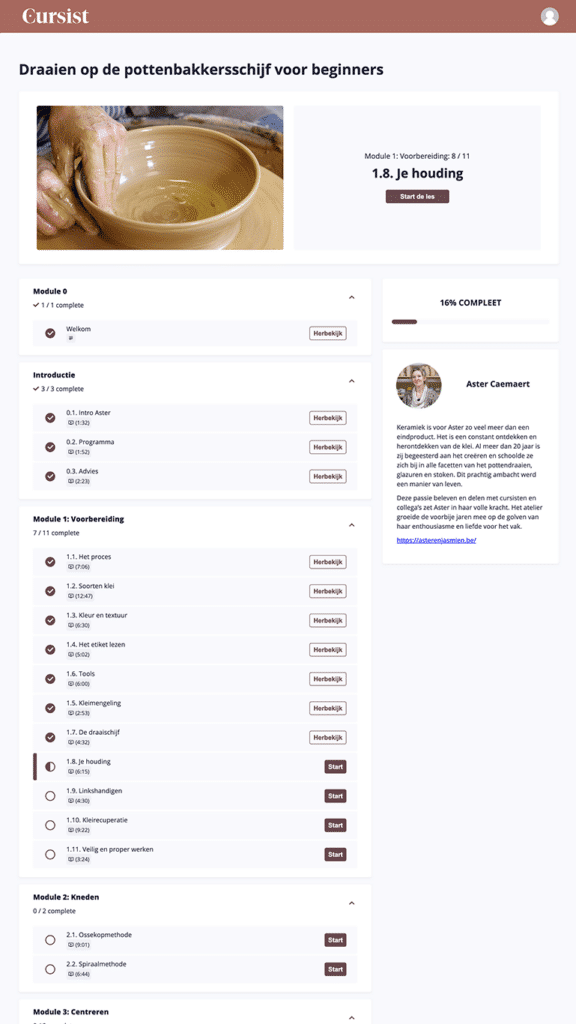 Cursus pottenbakken: screenshot online platform